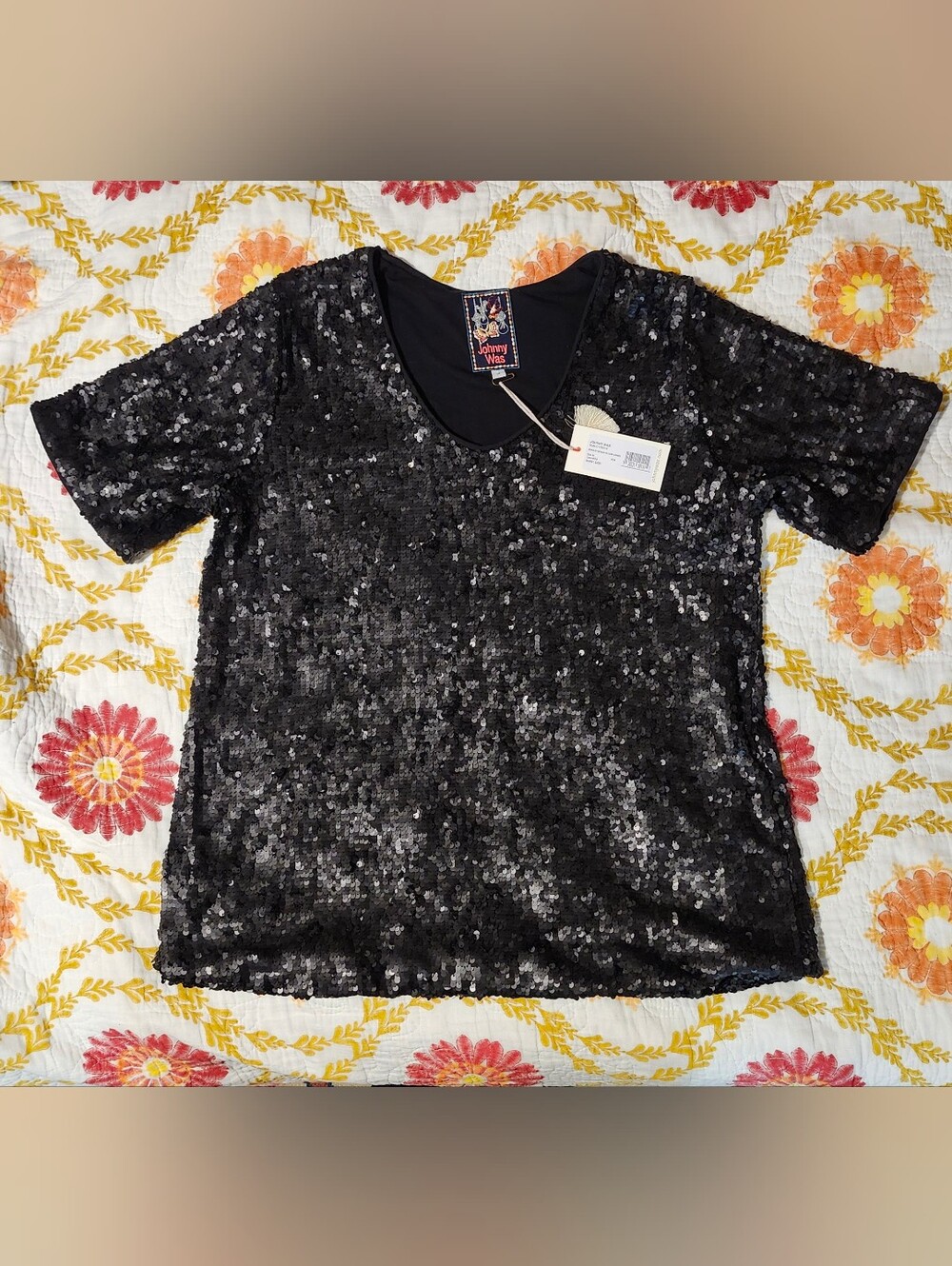 Johnny Was Black Bradley Sequined Top Sz M, L, XL